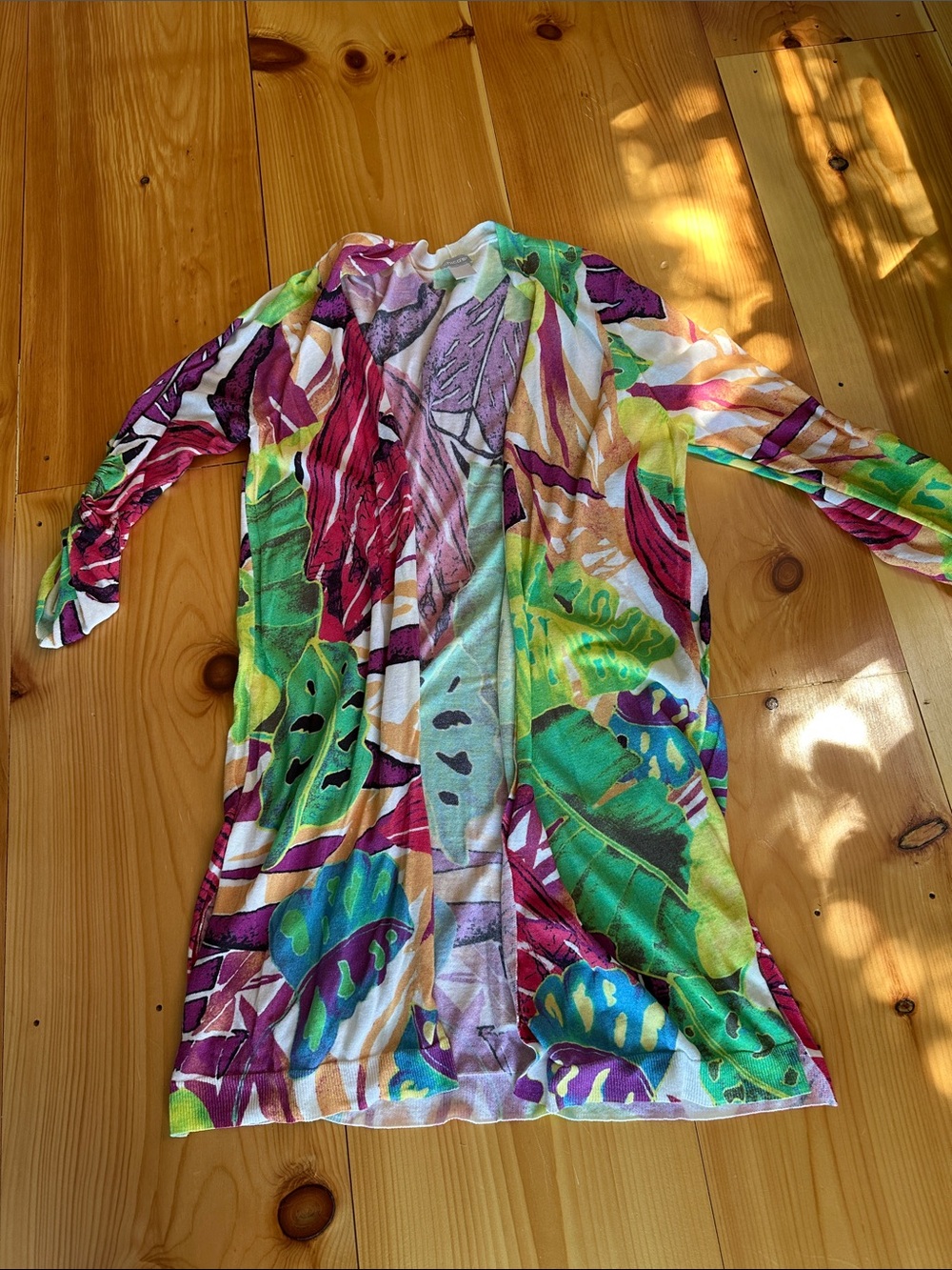 Chico's Vibrant Multi-Color Tropical Print Open Duster with ruched sleeves